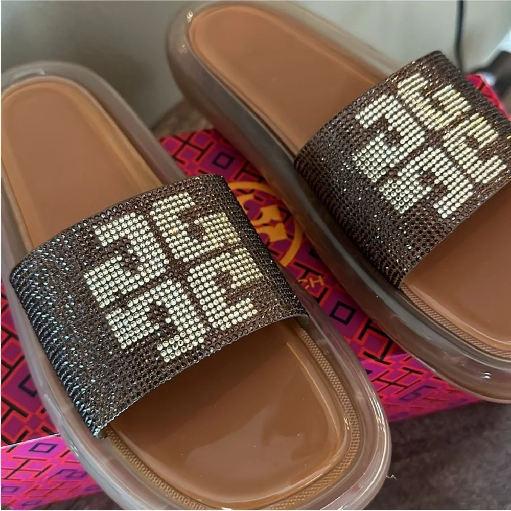 Tory Burch Brown and Gold Logo Slide Sandals